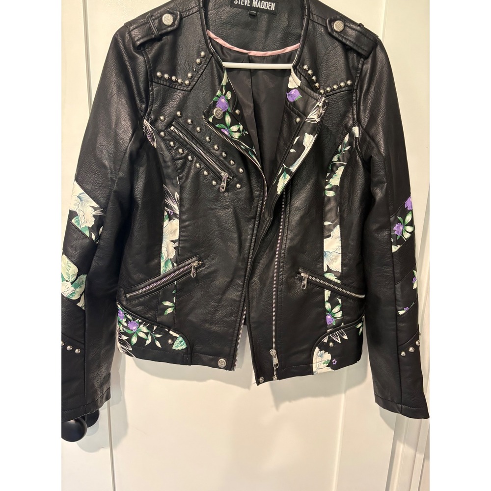 Steve Madden Womens Black Faux Leather Floral Studded Moto Jacket Size Medium